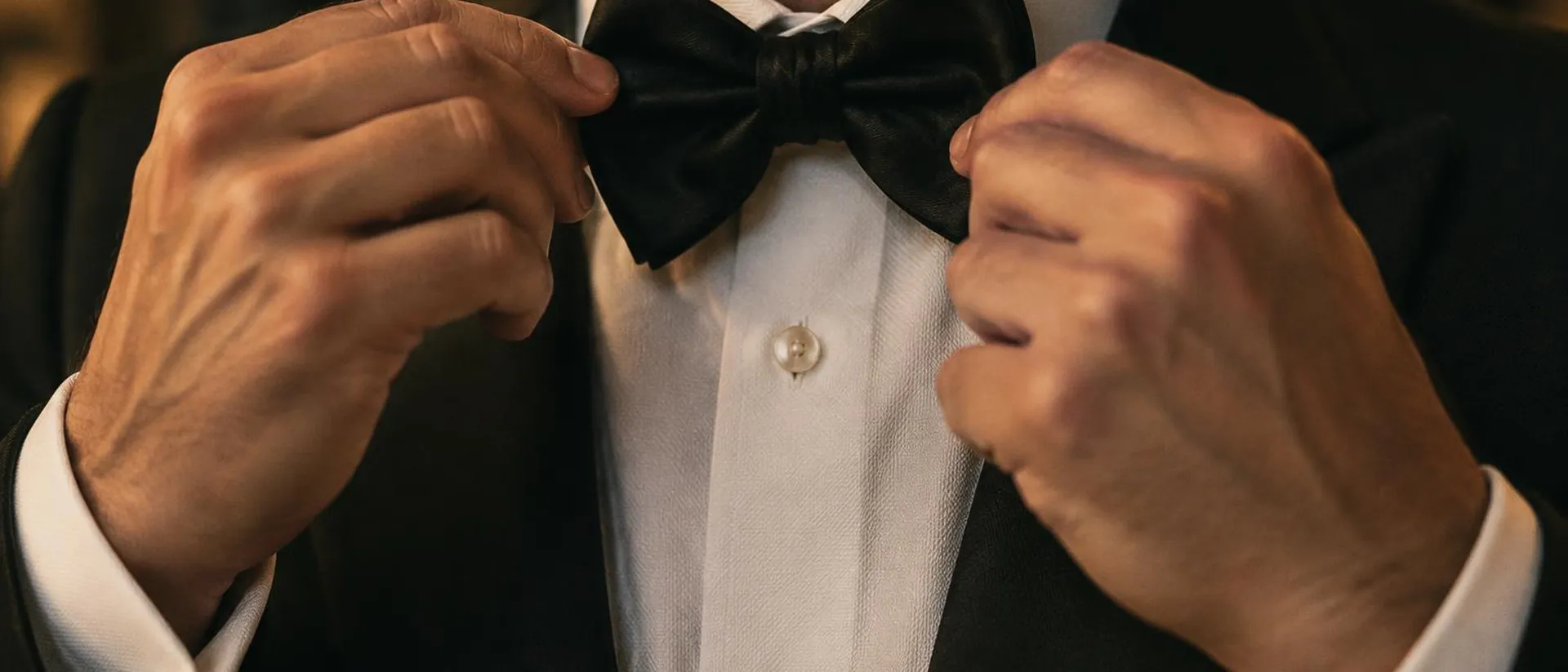 Hands adjusting a silk bow tie, cropped below the chin.