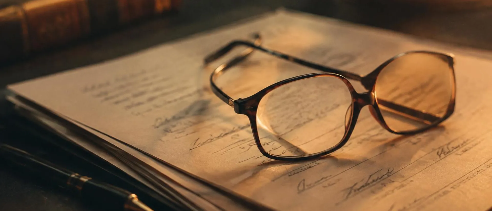 Reading glasses resting on signed client papers.