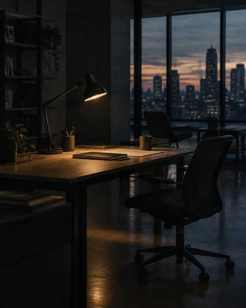 A single desk lamp illuminating an otherwise dark office.