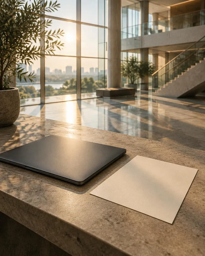 Light through an atrium, with a closed laptop beside blank paper.