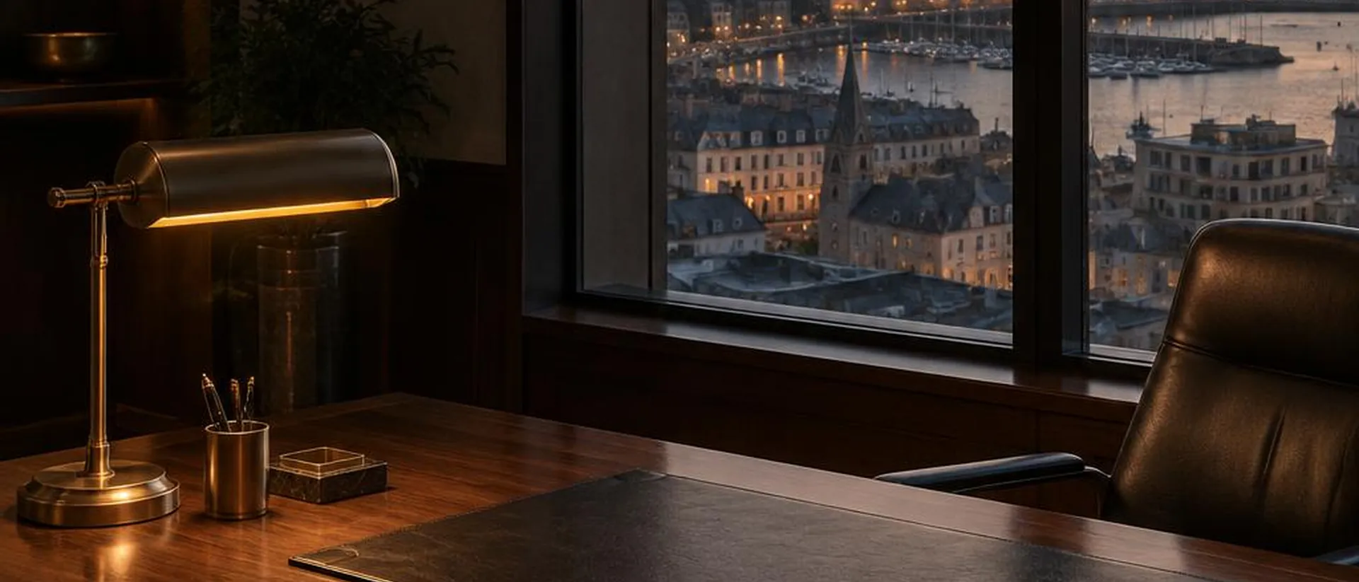 A brass desk lamp and leather blotter in a quiet office at dusk.