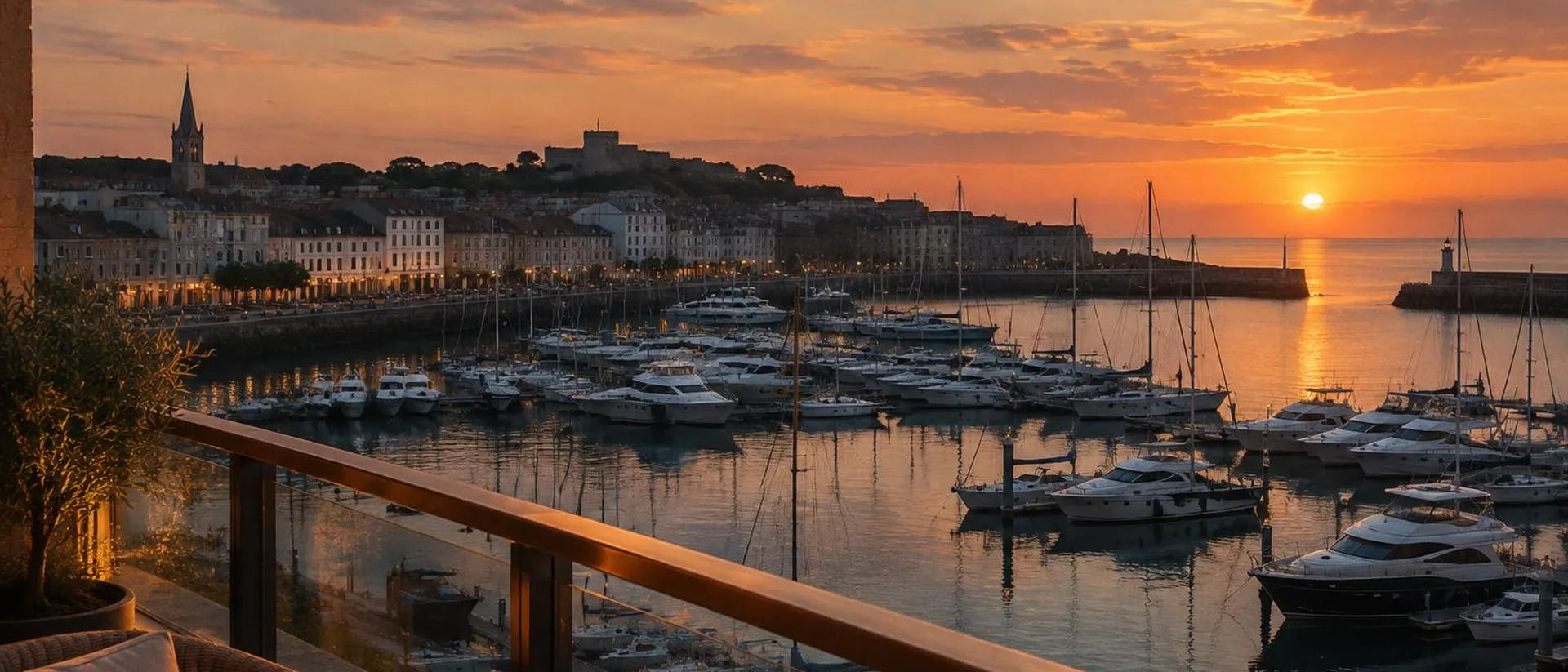 Moored yachts seen from a terrace at last light.
