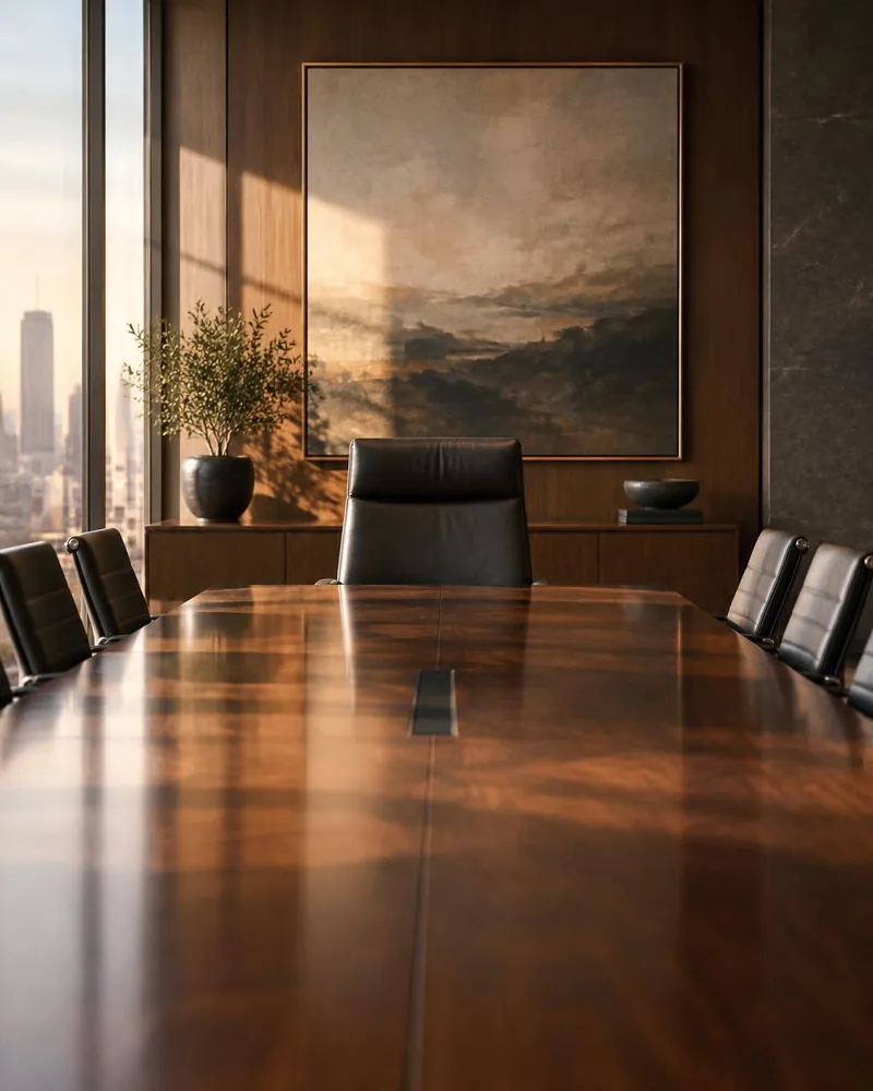 An empty boardroom chair at the head of a long table in morning light.