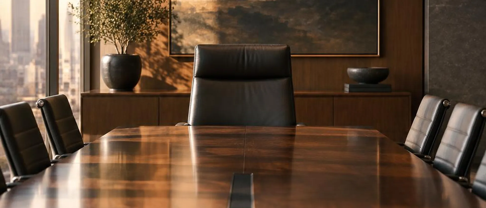 An empty boardroom chair at the head of a long table in morning light.