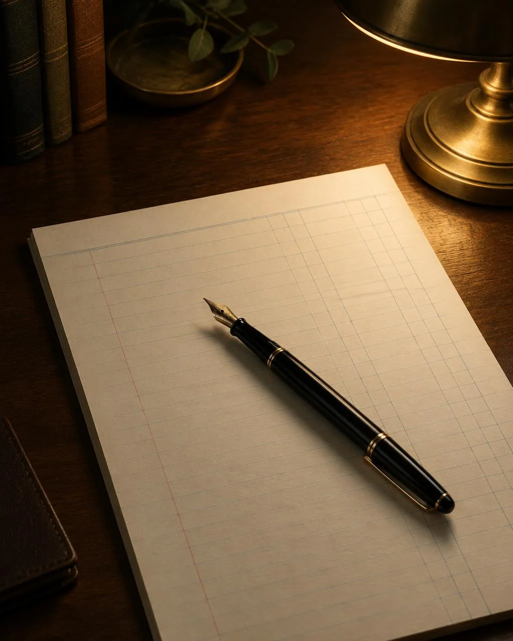 A fountain pen on cream ruled paper under a brass lamp.