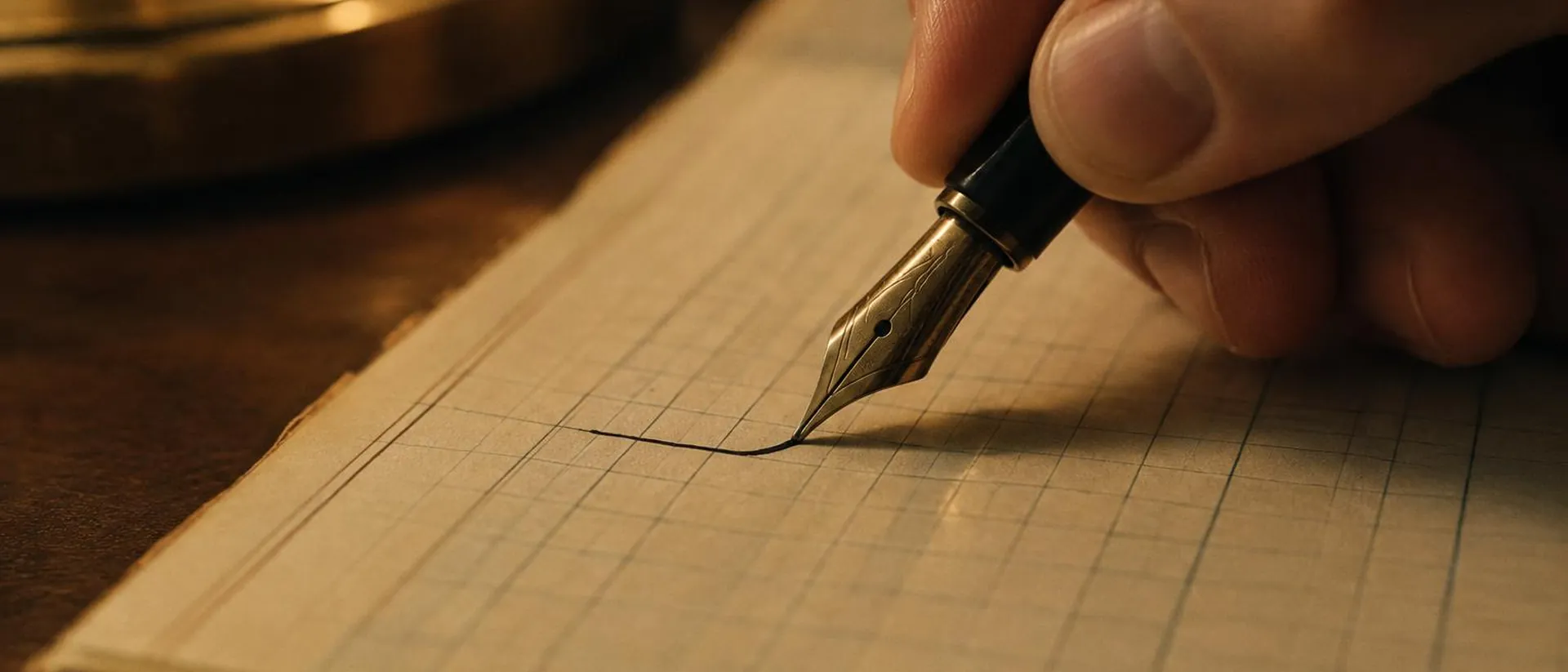 A hand guiding a fountain pen nib across ruled ledger paper.
