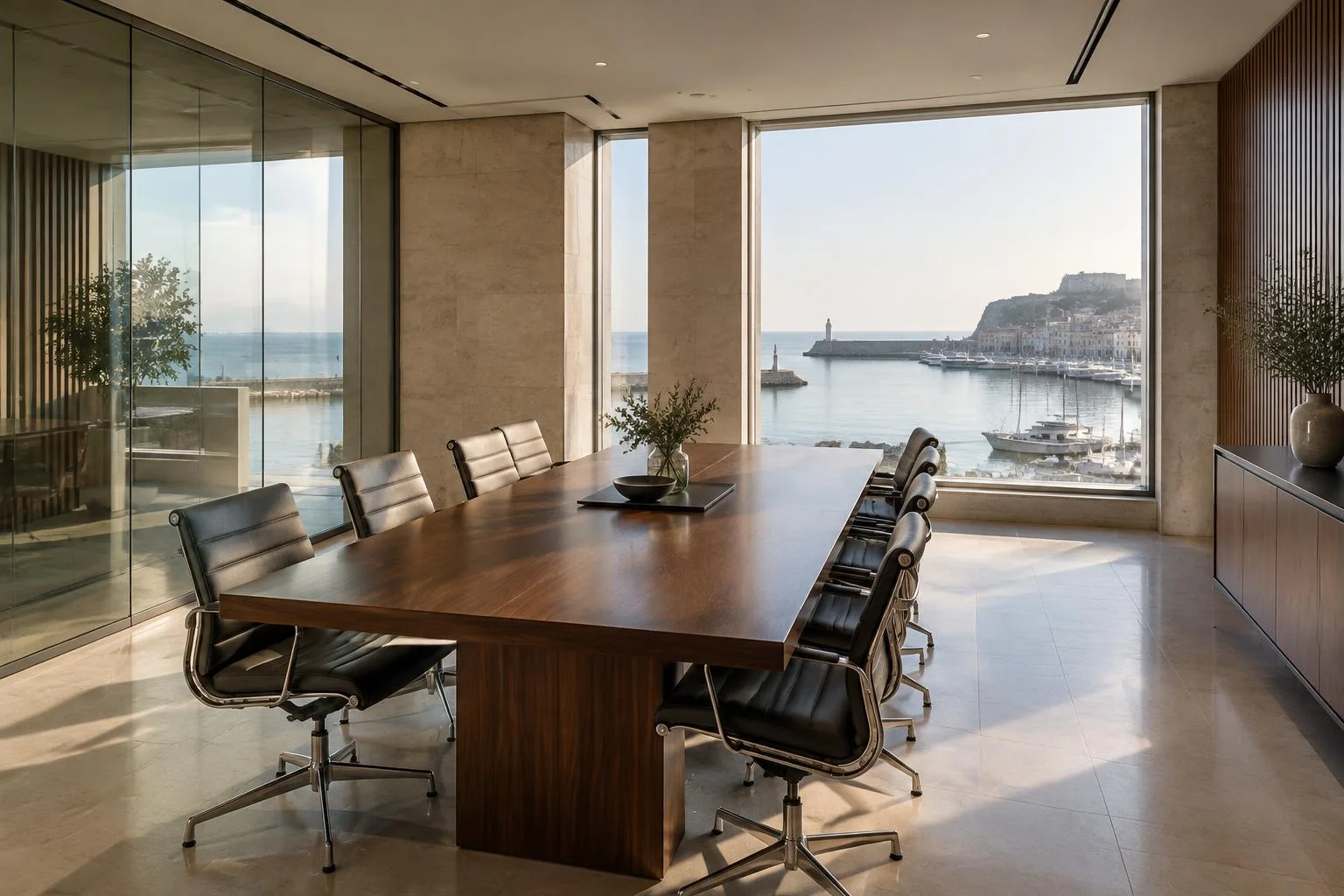 A quiet harbour-facing room with natural stone and glass.