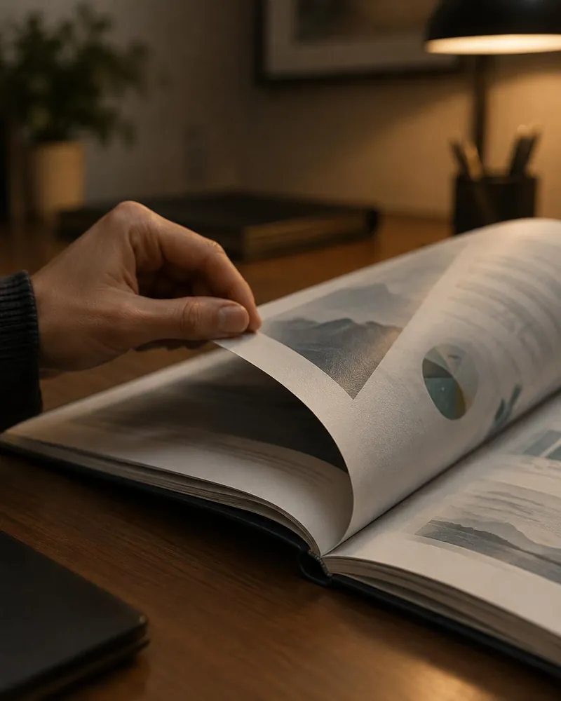 A hand turning a page of a bound annual report.