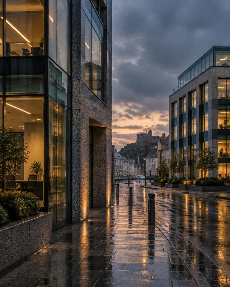 Glass and granite office facades in warm dusk light.