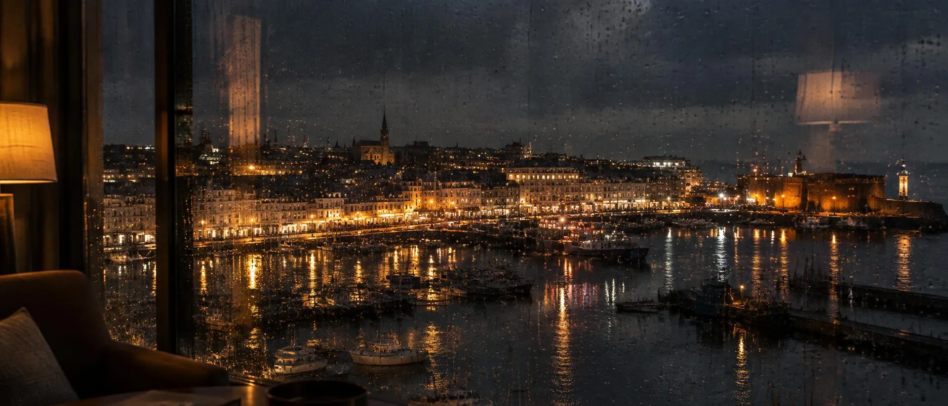 Rain on a window overlooking the harbour at night.