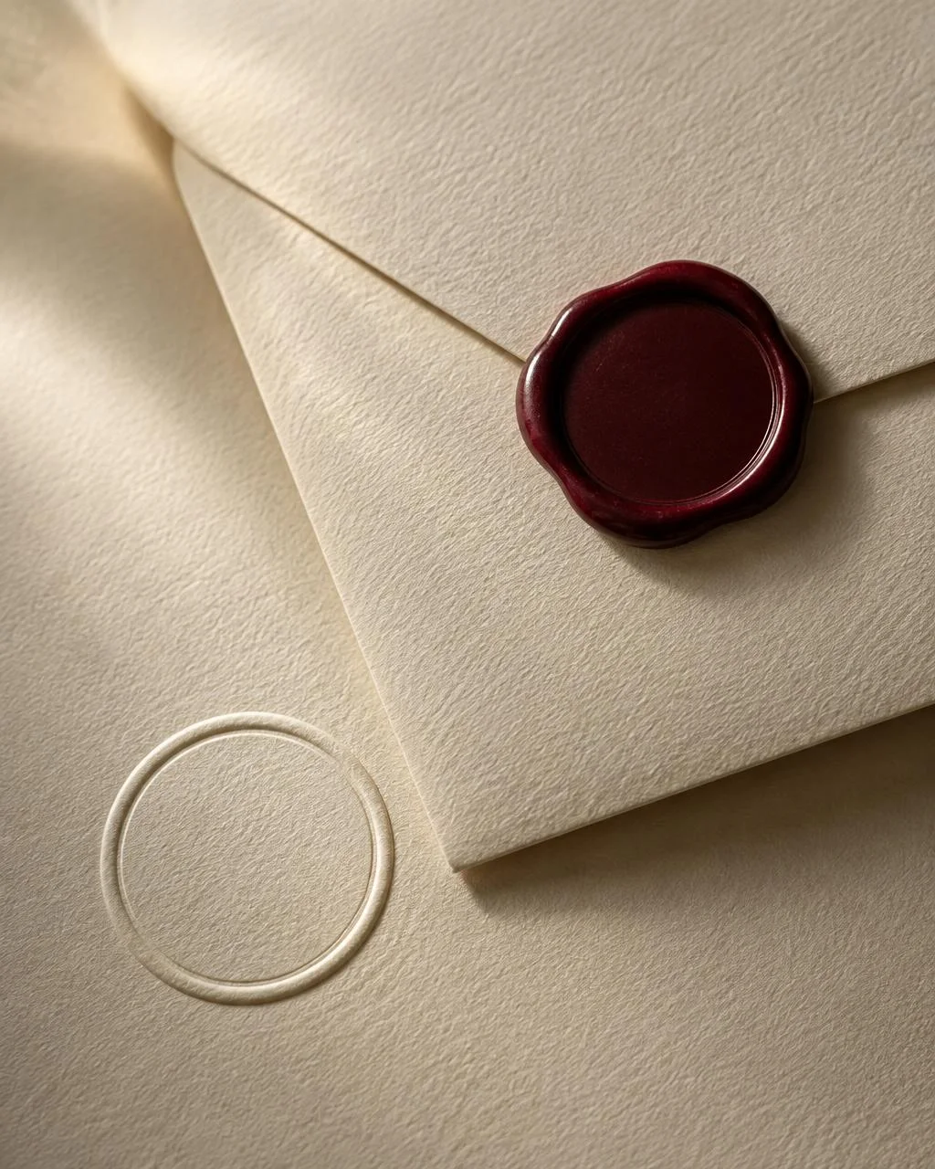 An embossed paper seal and claret wax-sealed envelope on linen paper.