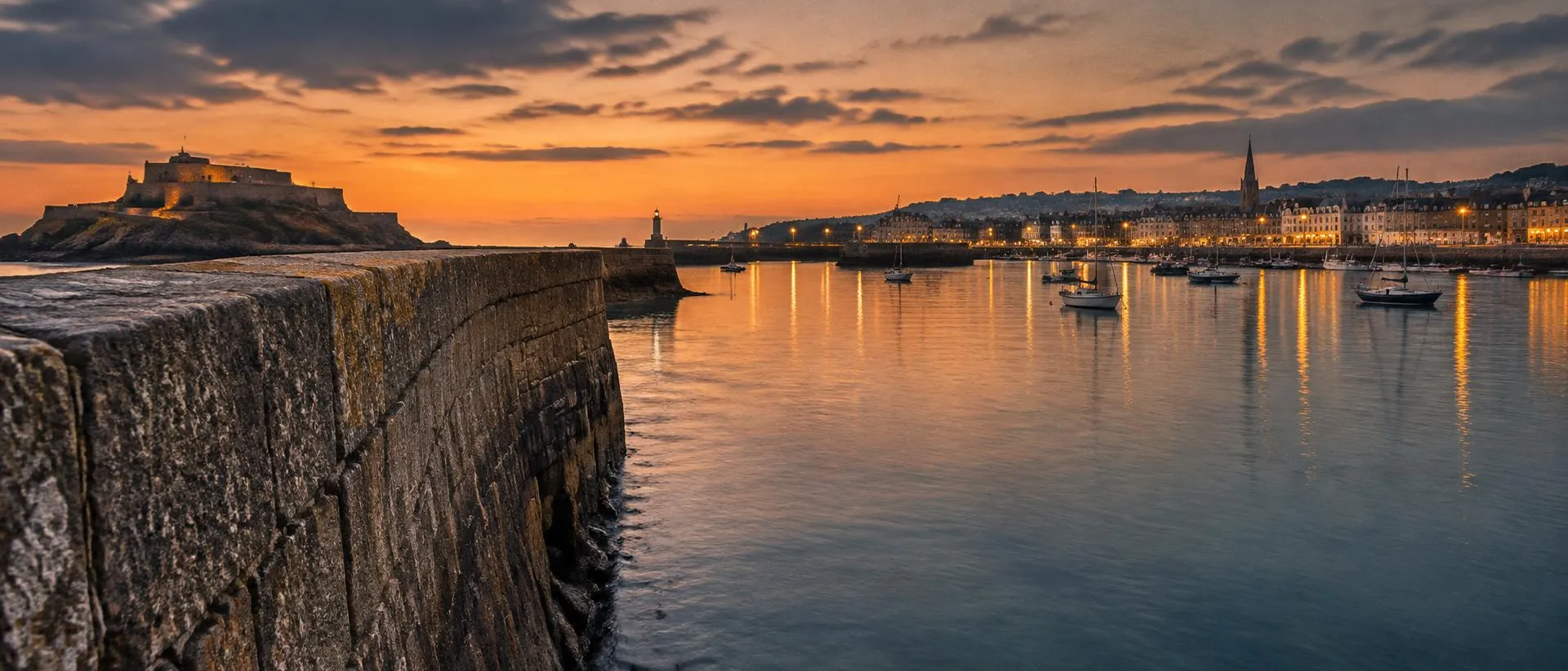 Granite sea wall and harbour lights at dusk.