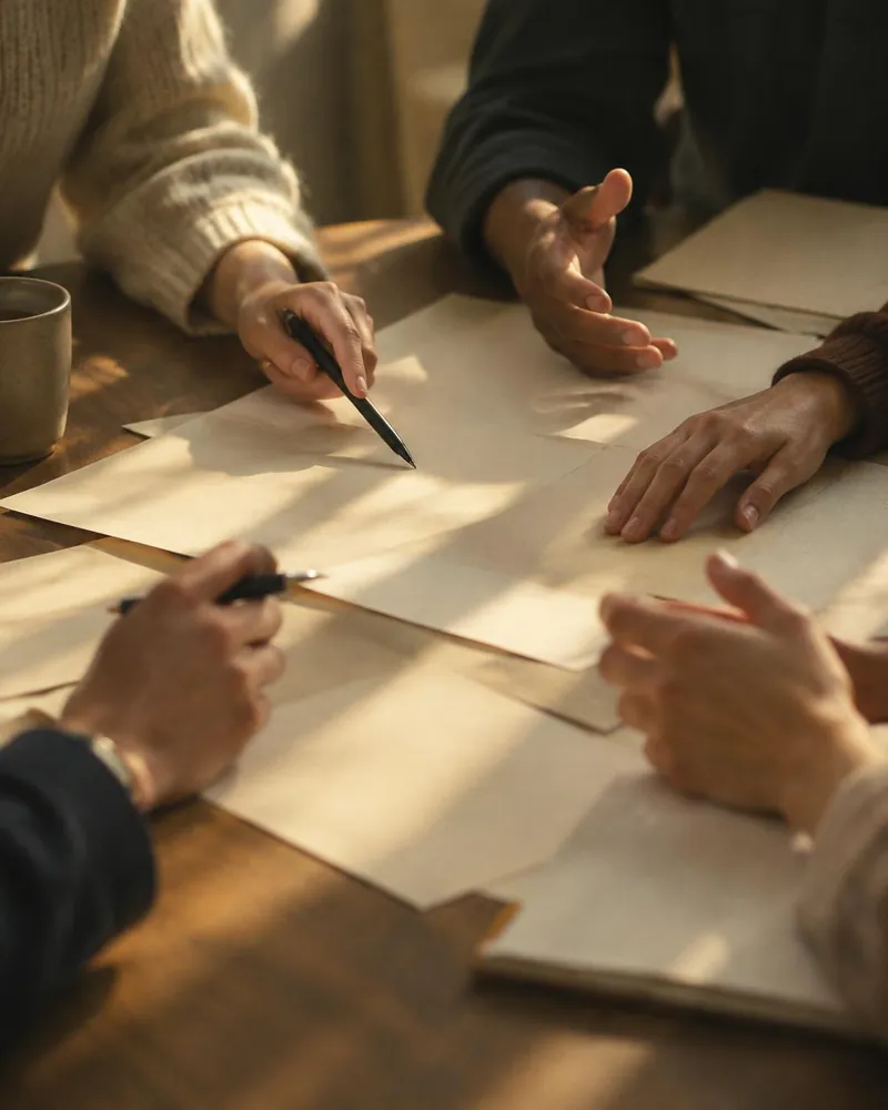 Several pairs of hands discussing papers around a table.