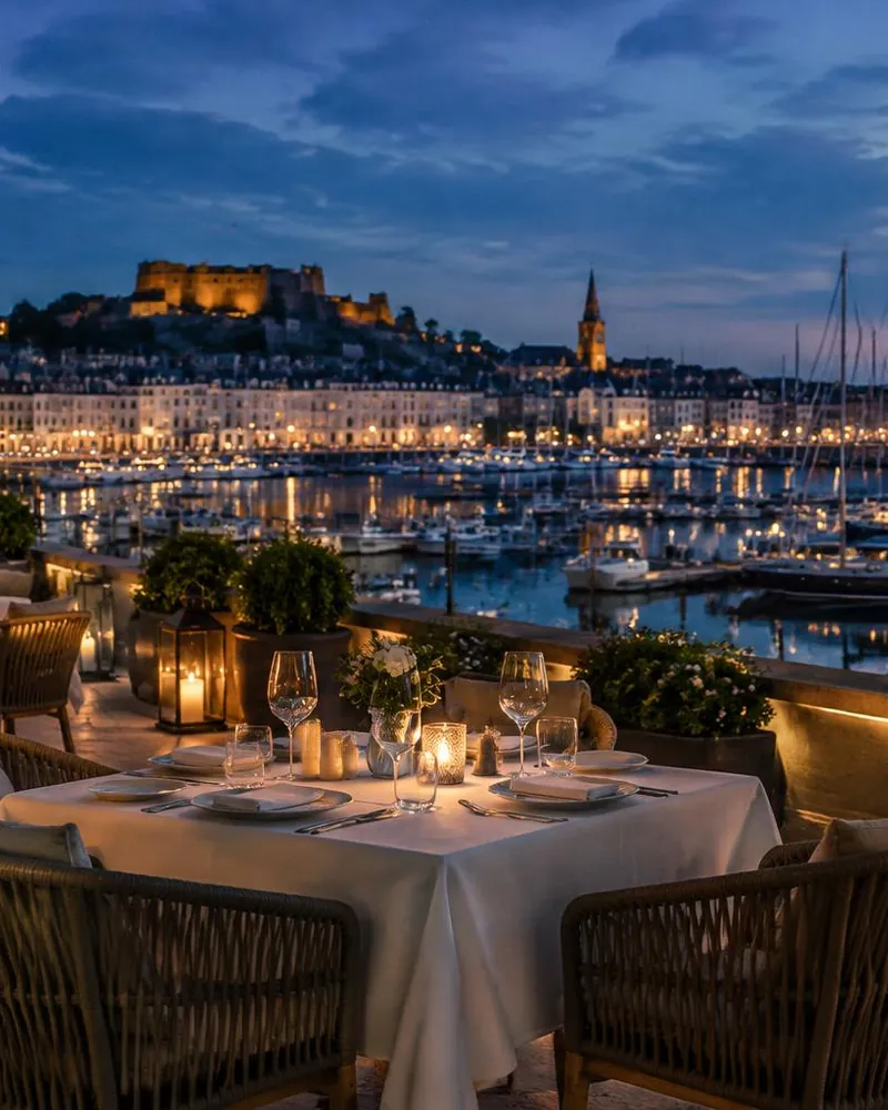 Lanterns and candlelit white-linen tables on a marina-facing hotel terrace.