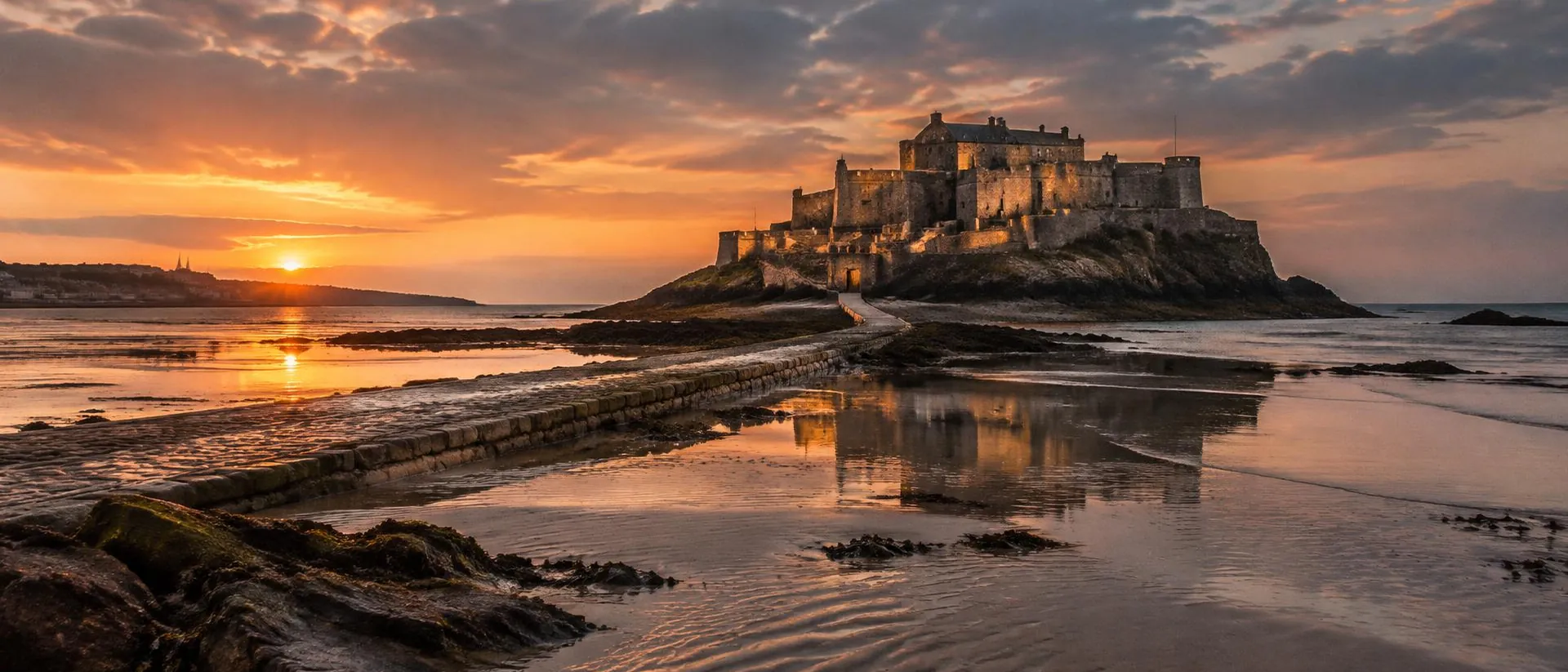 An original interpretation of Elizabeth Castle at low tide and dusk.