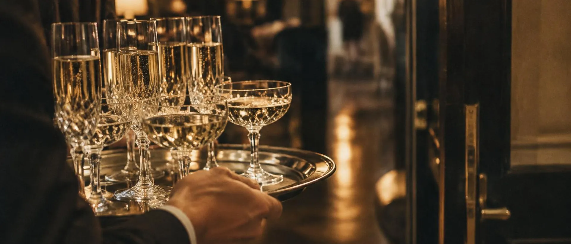 Hands carrying a tray of crystal glasses through a doorway.